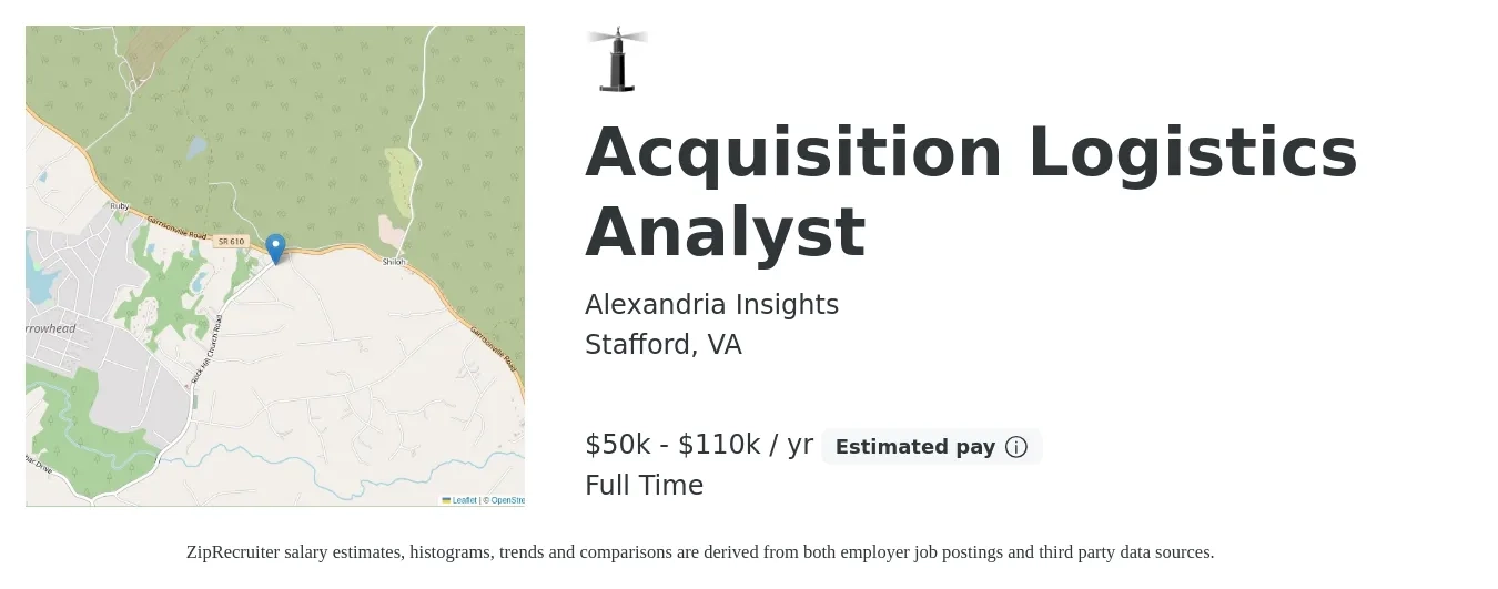 Alexandria Insights job posting for a Acquisition Logistics Analyst in Stafford, VA with a salary of $50,000 to $110,000 Yearly with a map of Stafford location.