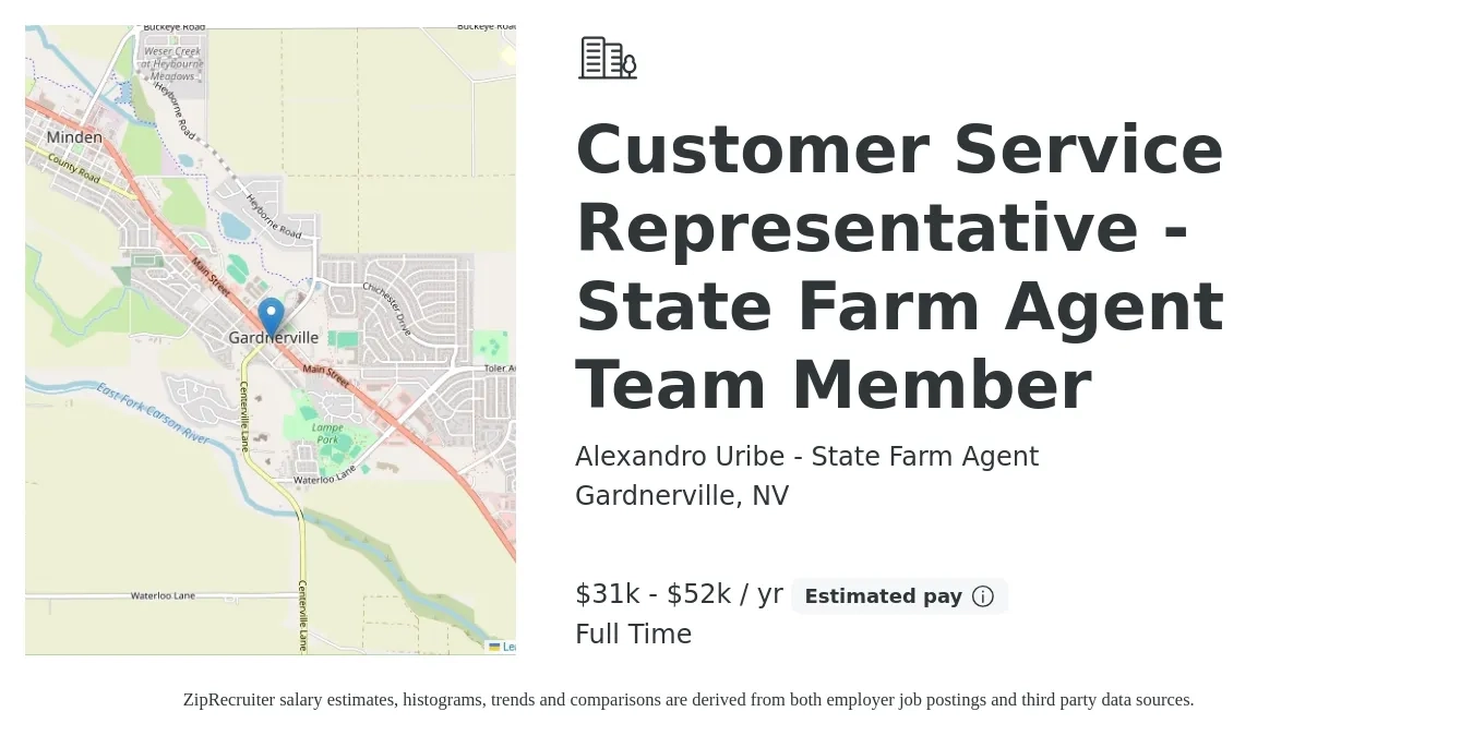 Alexandro Uribe - State Farm Agent job posting for a Customer Service Representative - State Farm Agent Team Member in Gardnerville, NV with a salary of $24 to $32 Hourly with a map of Gardnerville location.