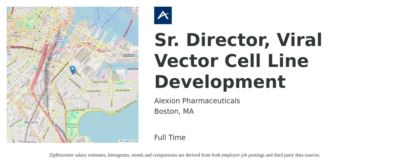 Alexion Pharmaceuticals job posting for a Sr. Director, Viral Vector Cell Line Development in Boston, MA with a salary of $146,700 to $210,800 Yearly with a map of Boston location.