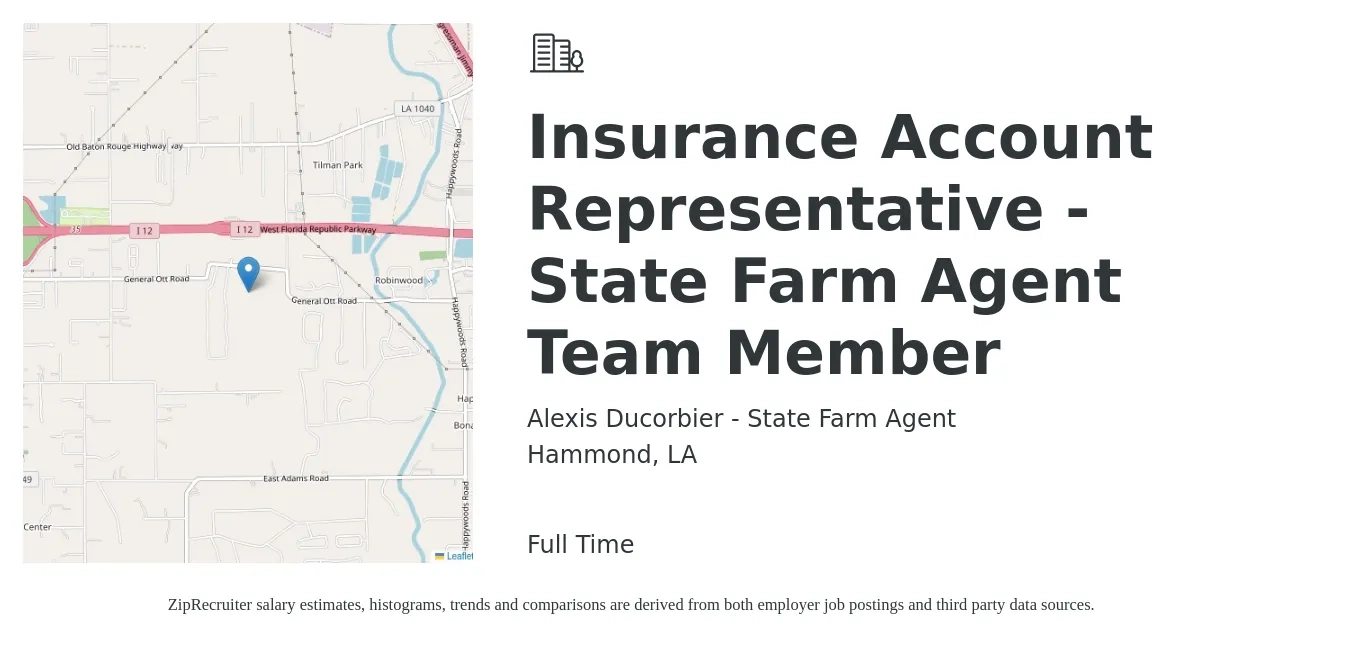 Alexis Ducorbier - State Farm Agent job posting for a Insurance Account Representative - State Farm Agent Team Member in Hammond, LA with a salary of $30,800 to $42,400 Yearly with a map of Hammond location.