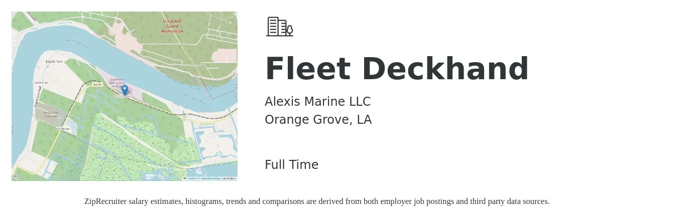 Alexis Marine LLC job posting for a Fleet Deckhand in Orange Grove, LA with a salary of $160 to $240 Daily with a map of Orange Grove location.