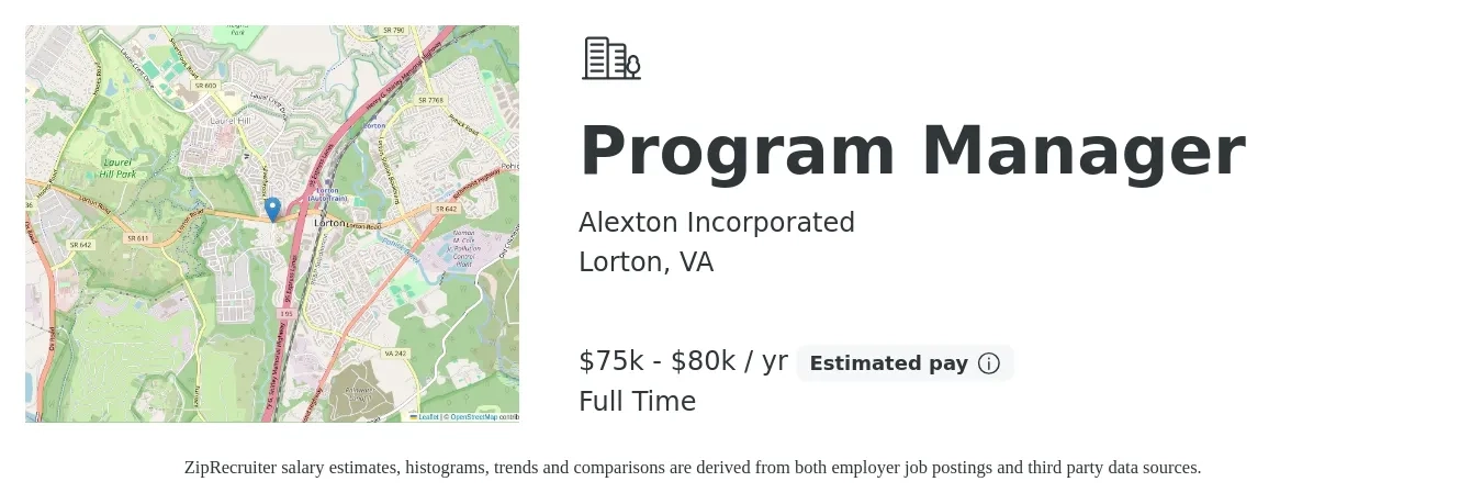 Alexton Incorporated job posting for a Program Manager in Lorton, VA with a salary of $75,000 to $80,000 Yearly with a map of Lorton location.