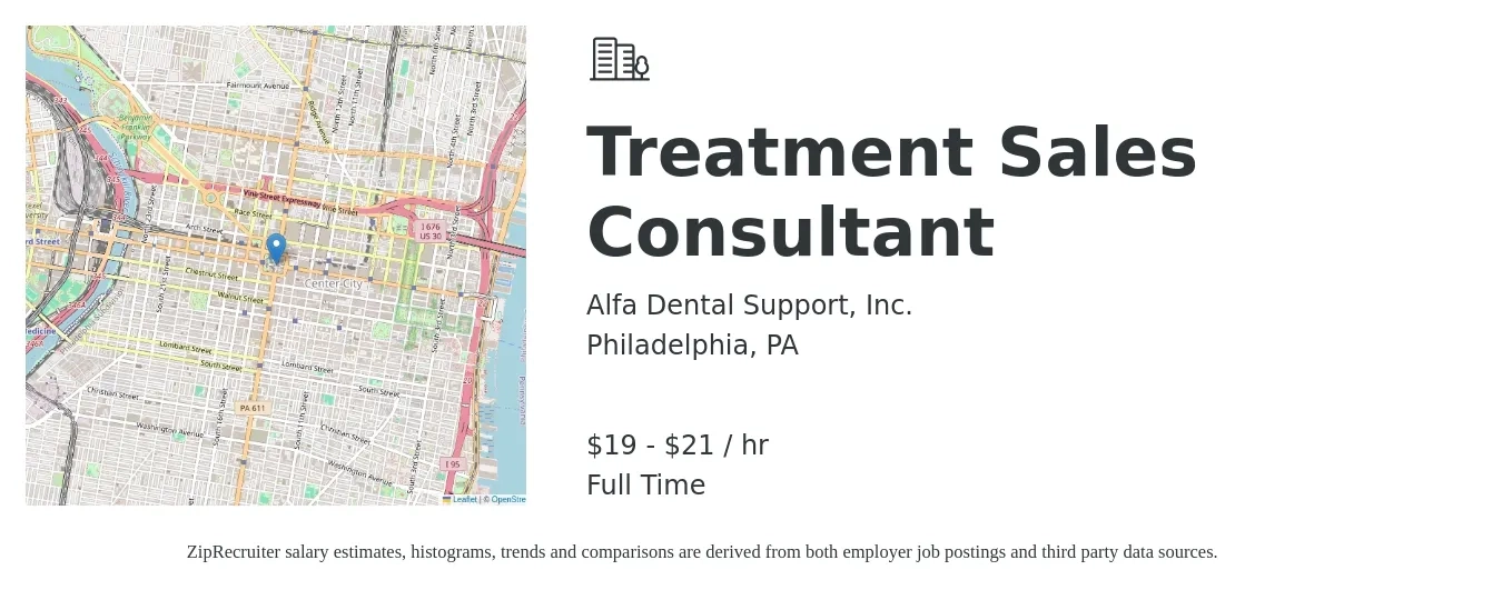 Alfa Dental Support, Inc. job posting for a Treatment Sales Consultant in Philadelphia, PA with a salary of $17 to $30 Hourly with a map of Philadelphia location.