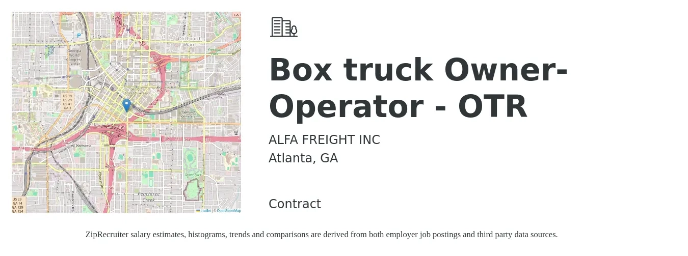 ALFA FREIGHT INC job posting for a Box truck Owner-Operator - OTR in Atlanta, GA with a salary of $5,500 to $7,500 Weekly with a map of Atlanta location.