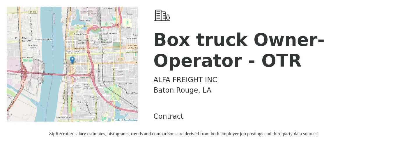 ALFA FREIGHT INC job posting for a Box truck Owner-Operator - OTR in Baton Rouge, LA with a salary of $5,500 to $7,500 Weekly with a map of Baton Rouge location.