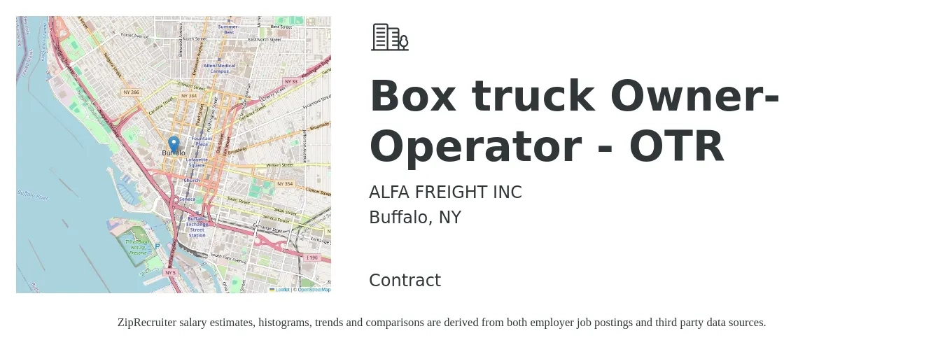 ALFA FREIGHT INC job posting for a Box truck Owner-Operator - OTR in Buffalo, NY with a salary of $5,500 to $7,500 Weekly with a map of Buffalo location.