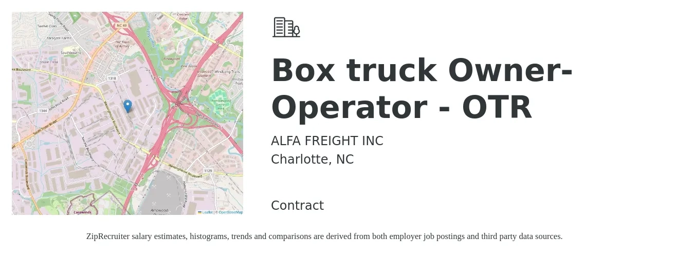 ALFA FREIGHT INC job posting for a Box truck Owner-Operator - OTR in Charlotte, NC with a salary of $5,500 to $7,500 Weekly with a map of Charlotte location.