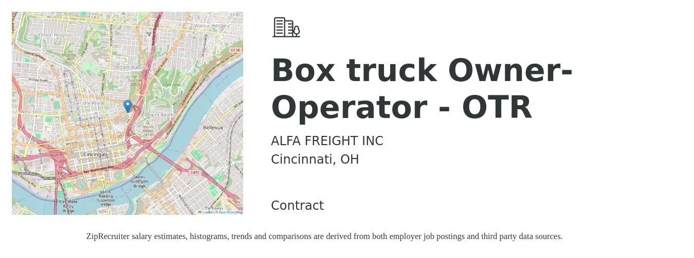 ALFA FREIGHT INC job posting for a Box truck Owner-Operator - OTR in Cincinnati, OH with a salary of $5,500 to $7,500 Weekly with a map of Cincinnati location.