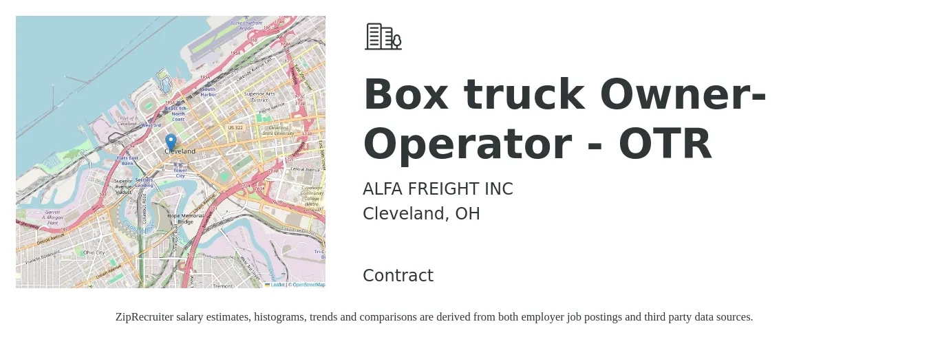 ALFA FREIGHT INC job posting for a Box truck Owner-Operator - OTR in Cleveland, OH with a salary of $5,500 to $7,500 Weekly with a map of Cleveland location.