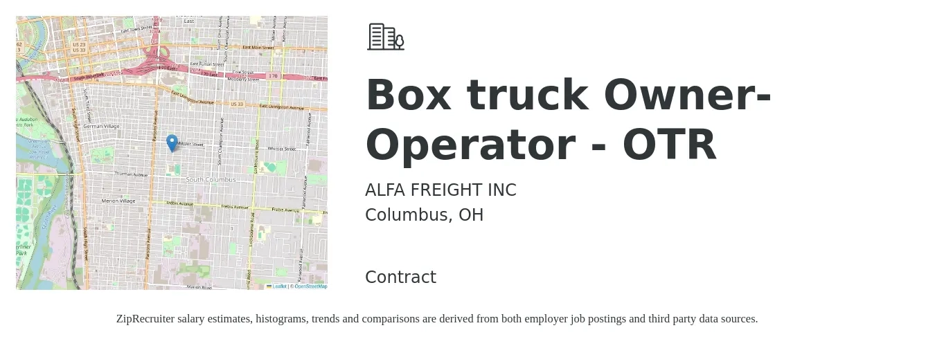 ALFA FREIGHT INC job posting for a Box truck Owner-Operator - OTR in Columbus, OH with a salary of $5,500 to $7,500 Weekly with a map of Columbus location.