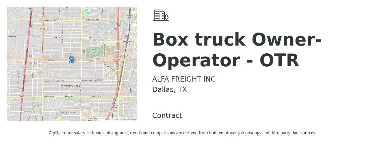 ALFA FREIGHT INC job posting for a Box truck Owner-Operator - OTR in Dallas, TX with a salary of $5,500 to $7,500 Weekly with a map of Dallas location.