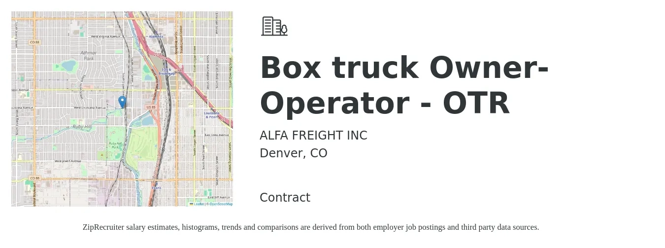 ALFA FREIGHT INC job posting for a Box truck Owner-Operator - OTR in Denver, CO with a salary of $5,500 to $7,500 Weekly with a map of Denver location.