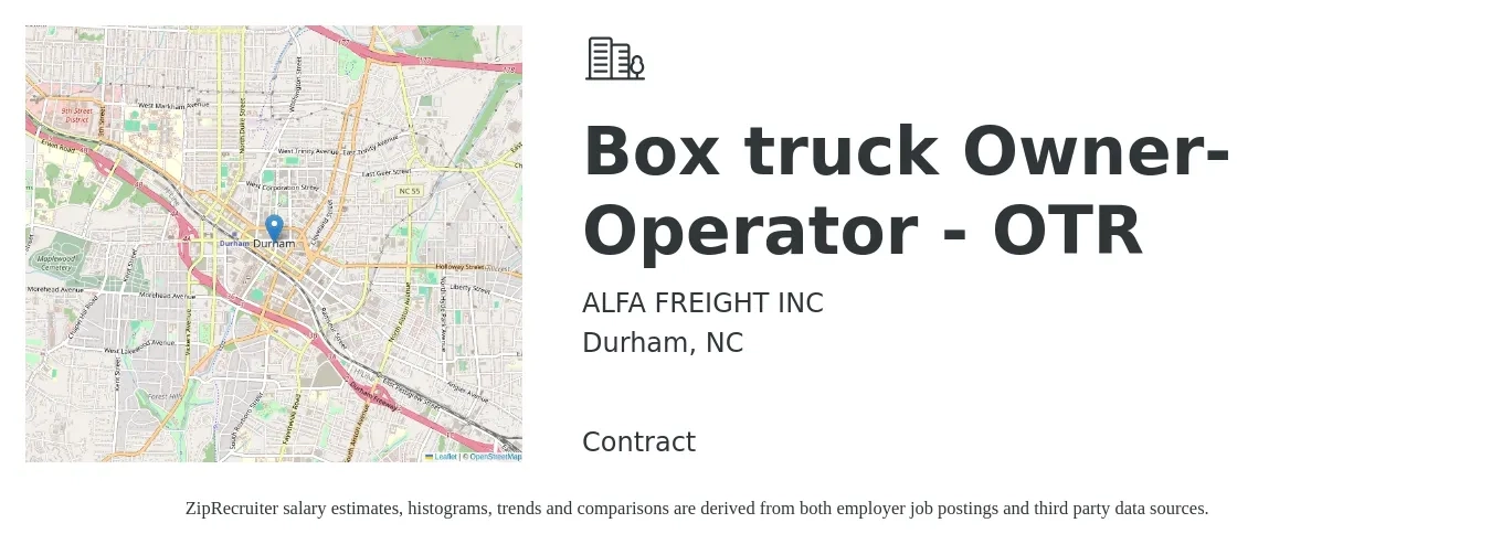 ALFA FREIGHT INC job posting for a Box truck Owner-Operator - OTR in Durham, NC with a salary of $5,500 to $7,500 Weekly with a map of Durham location.