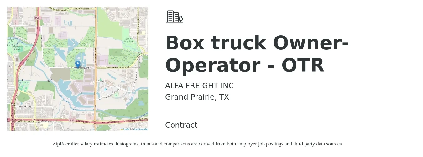 ALFA FREIGHT INC job posting for a Box truck Owner-Operator - OTR in Grand Prairie, TX with a salary of $5,500 to $7,500 Weekly with a map of Grand Prairie location.