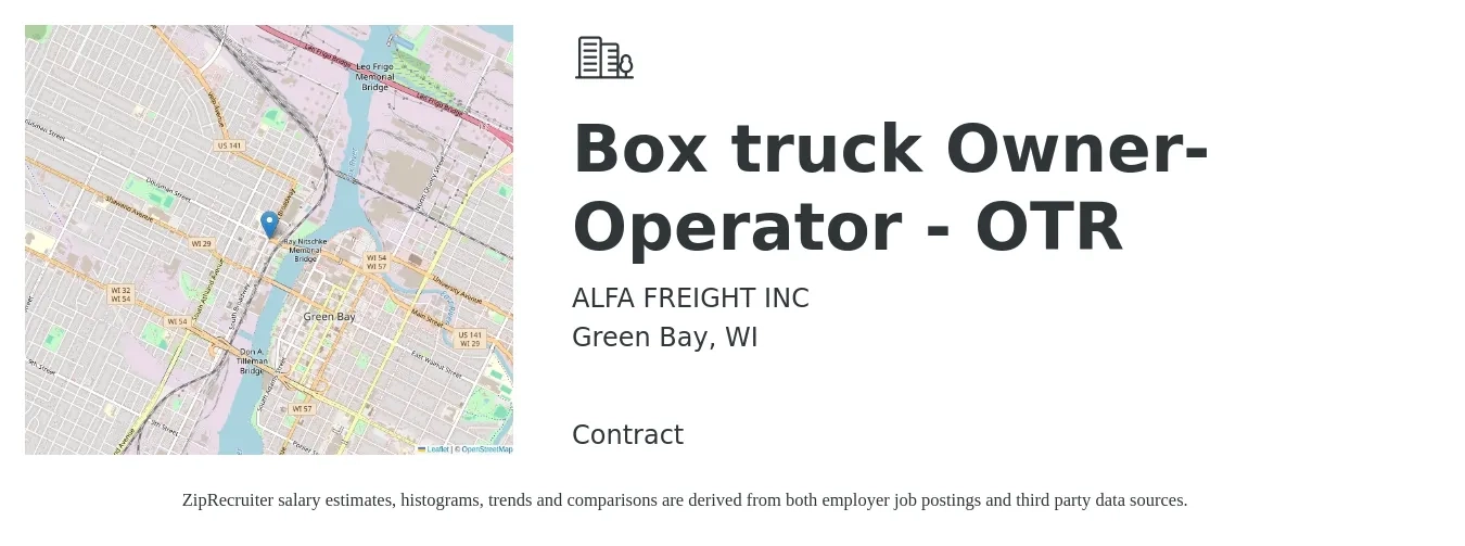 ALFA FREIGHT INC job posting for a Box truck Owner-Operator - OTR in Green Bay, WI with a salary of $5,500 to $7,500 Weekly with a map of Green Bay location.