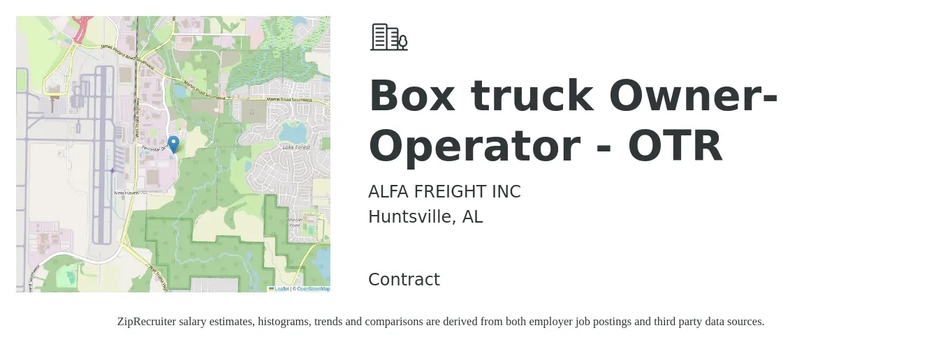 ALFA FREIGHT INC job posting for a Box truck Owner-Operator - OTR in Huntsville, AL with a salary of $5,500 to $7,500 Weekly with a map of Huntsville location.