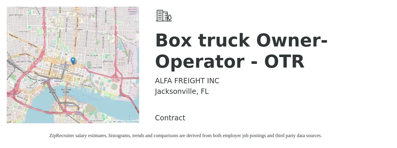 ALFA FREIGHT INC job posting for a Box truck Owner-Operator - OTR in Jacksonville, FL with a salary of $5,500 to $7,500 Weekly with a map of Jacksonville location.
