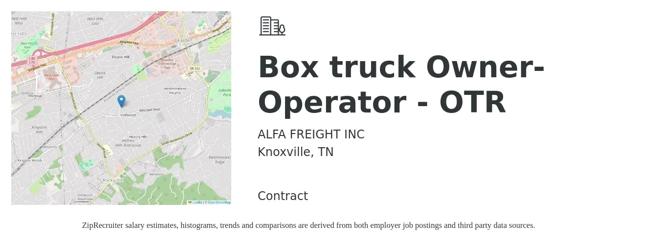 ALFA FREIGHT INC job posting for a Box truck Owner-Operator - OTR in Knoxville, TN with a salary of $5,500 to $7,500 Weekly with a map of Knoxville location.