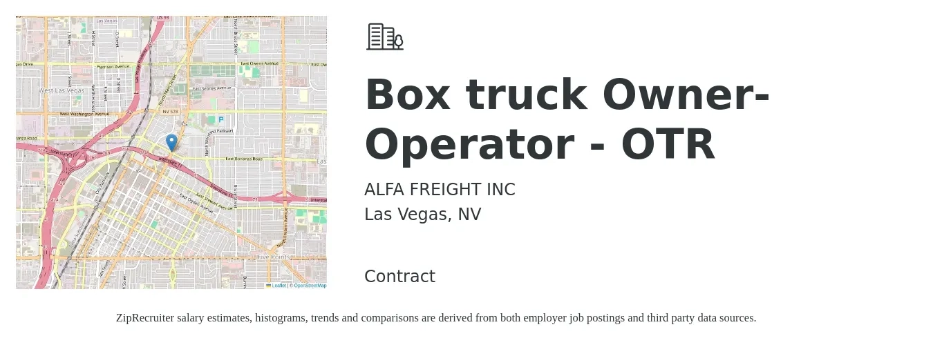 ALFA FREIGHT INC job posting for a Box truck Owner-Operator - OTR in Las Vegas, NV with a salary of $5,500 to $7,500 Weekly with a map of Las Vegas location.
