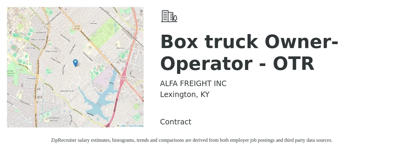 ALFA FREIGHT INC job posting for a Box truck Owner-Operator - OTR in Lexington, KY with a salary of $5,500 to $7,500 Weekly with a map of Lexington location.