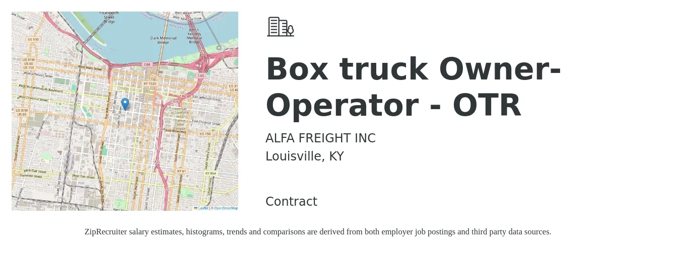 ALFA FREIGHT INC job posting for a Box truck Owner-Operator - OTR in Louisville, KY with a salary of $5,500 to $7,500 Weekly with a map of Louisville location.