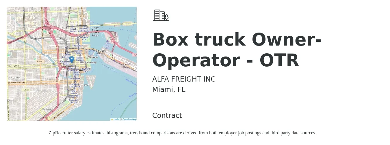 ALFA FREIGHT INC job posting for a Box truck Owner-Operator - OTR in Miami, FL with a salary of $5,500 to $7,500 Weekly with a map of Miami location.