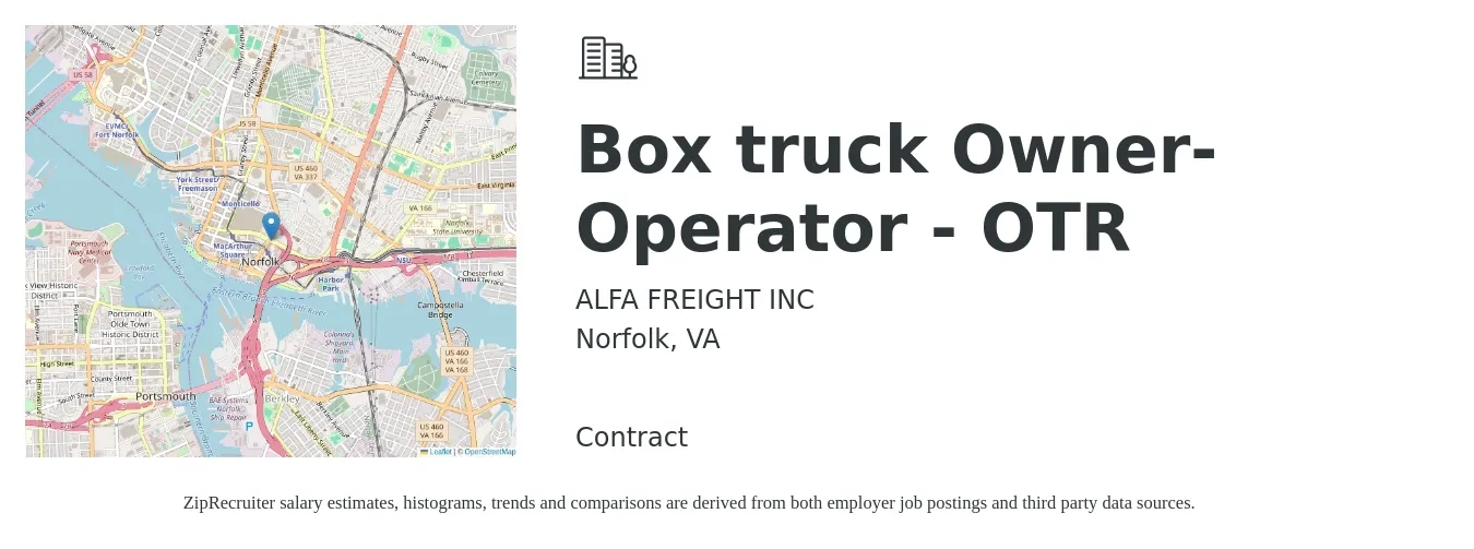 ALFA FREIGHT INC job posting for a Box truck Owner-Operator - OTR in Norfolk, VA with a salary of $5,500 to $7,500 Weekly with a map of Norfolk location.