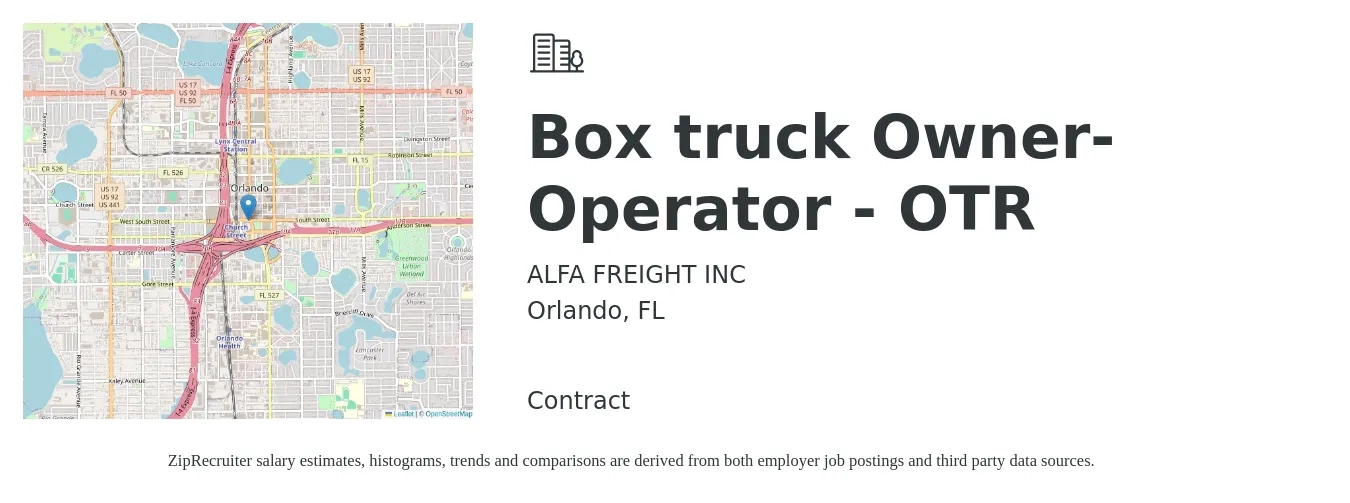 ALFA FREIGHT INC job posting for a Box truck Owner-Operator - OTR in Orlando, FL with a salary of $5,500 to $7,500 Weekly with a map of Orlando location.