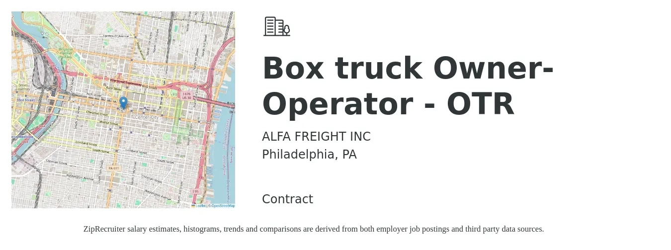 ALFA FREIGHT INC job posting for a Box truck Owner-Operator - OTR in Philadelphia, PA with a salary of $5,500 to $7,500 Weekly with a map of Philadelphia location.