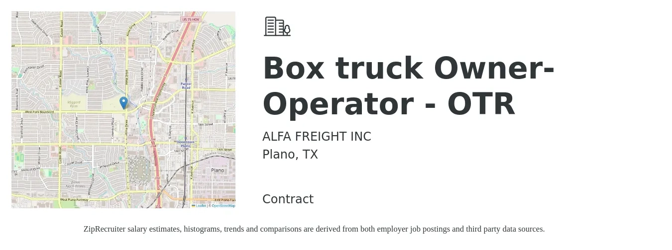 ALFA FREIGHT INC job posting for a Box truck Owner-Operator - OTR in Plano, TX with a salary of $5,500 to $7,500 Weekly with a map of Plano location.