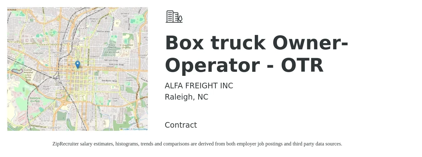 ALFA FREIGHT INC job posting for a Box truck Owner-Operator - OTR in Raleigh, NC with a salary of $5,500 to $7,500 Weekly with a map of Raleigh location.