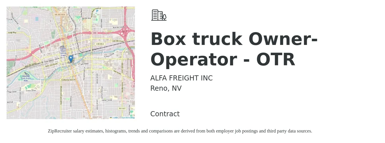 ALFA FREIGHT INC job posting for a Box truck Owner-Operator - OTR in Reno, NV with a salary of $5,500 to $7,500 Weekly with a map of Reno location.