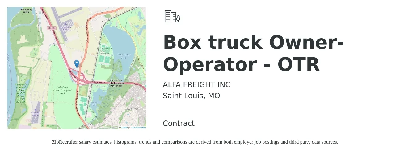 ALFA FREIGHT INC job posting for a Box truck Owner-Operator - OTR in Saint Louis, MO with a salary of $5,500 to $7,500 Weekly with a map of Saint Louis location.