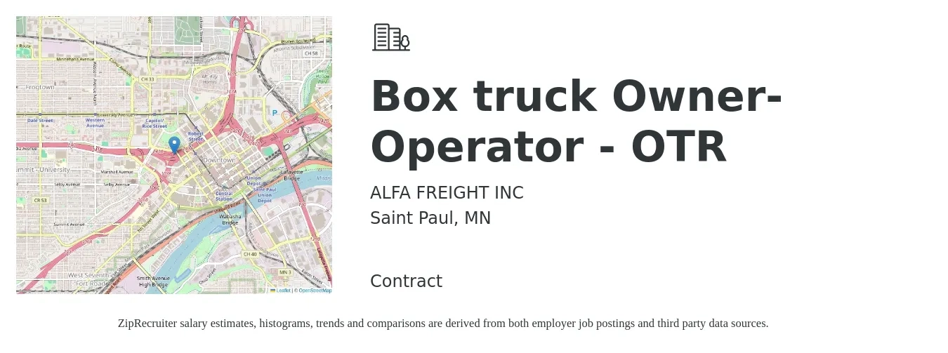 ALFA FREIGHT INC job posting for a Box truck Owner-Operator - OTR in Saint Paul, MN with a salary of $5,500 to $7,500 Weekly with a map of Saint Paul location.