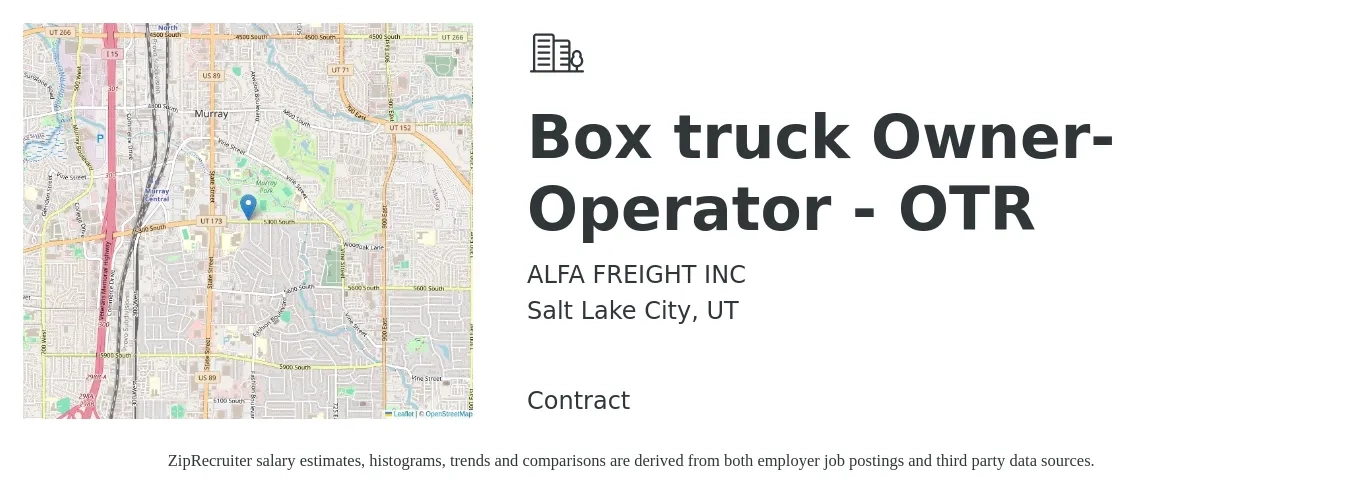 ALFA FREIGHT INC job posting for a Box truck Owner-Operator - OTR in Salt Lake City, UT with a salary of $5,500 to $7,500 Weekly with a map of Salt Lake City location.