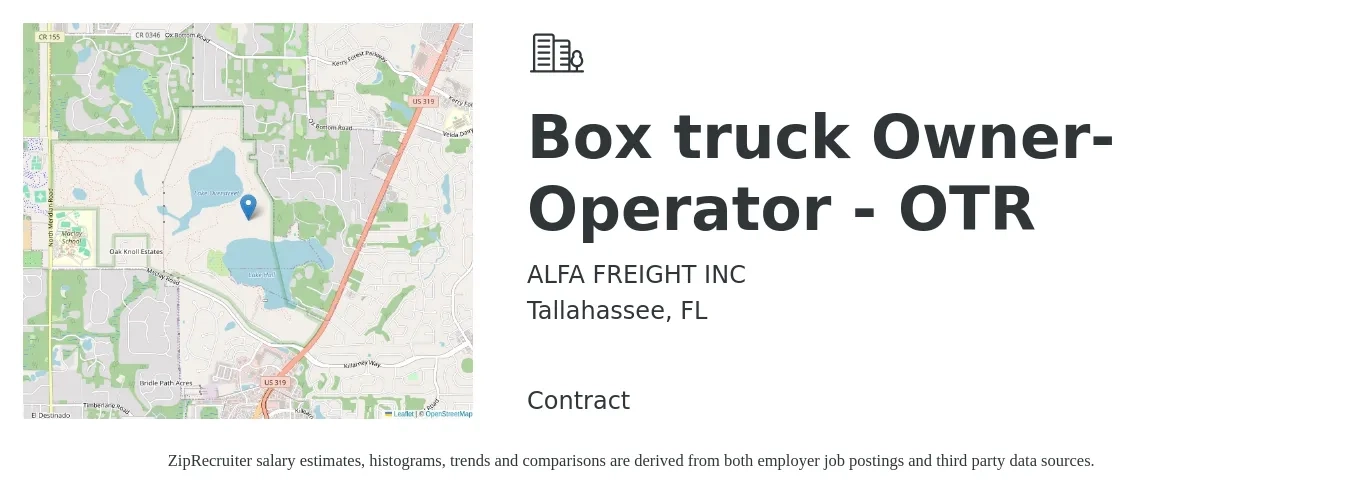 ALFA FREIGHT INC job posting for a Box truck Owner-Operator - OTR in Tallahassee, FL with a salary of $5,500 to $7,500 Weekly with a map of Tallahassee location.