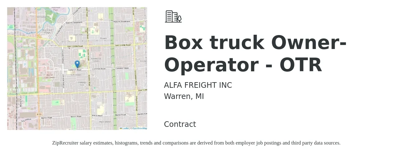 ALFA FREIGHT INC job posting for a Box truck Owner-Operator - OTR in Warren, MI with a salary of $5,500 to $7,500 Weekly with a map of Warren location.