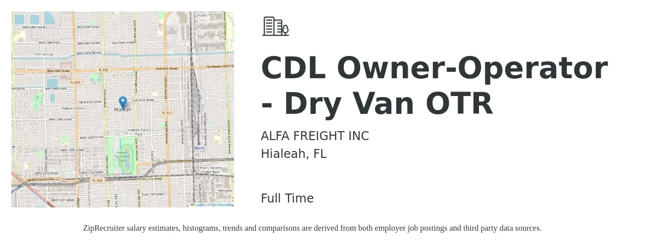 ALFA FREIGHT INC job posting for a CDL Owner-Operator - Dry Van OTR in Hialeah, FL with a salary of $9,000 to $14,000 Weekly with a map of Hialeah location.