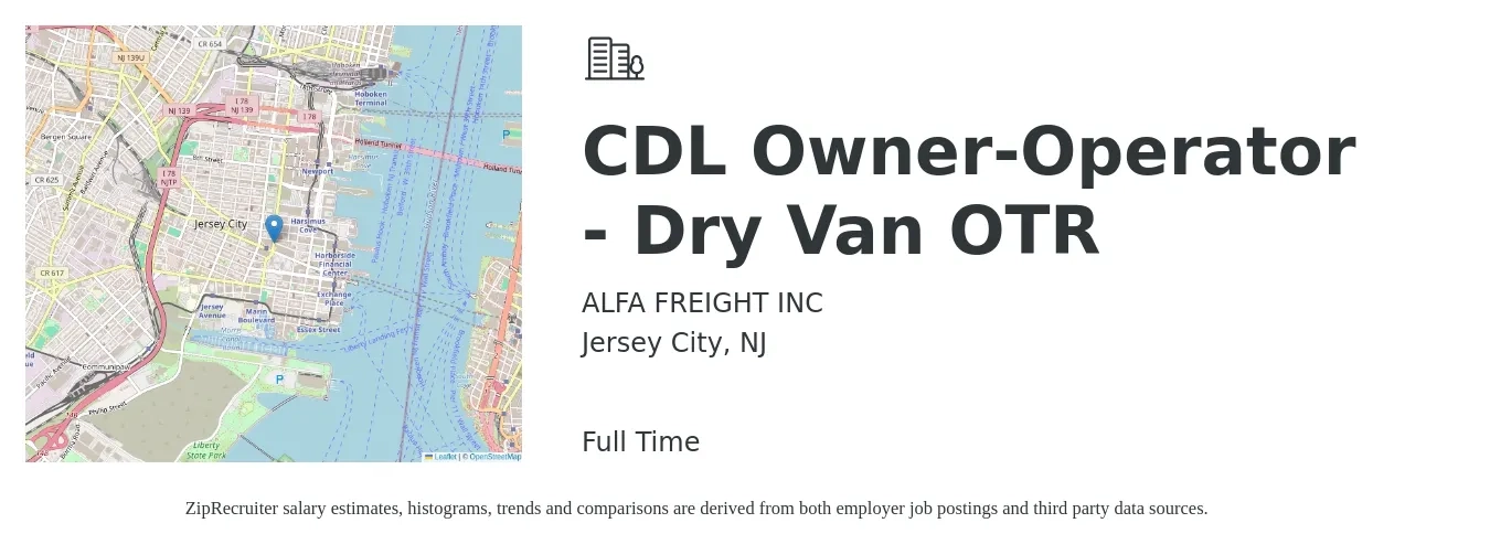 ALFA FREIGHT INC job posting for a CDL Owner-Operator - Dry Van OTR in Jersey City, NJ with a salary of $9,000 to $14,000 Weekly with a map of Jersey City location.