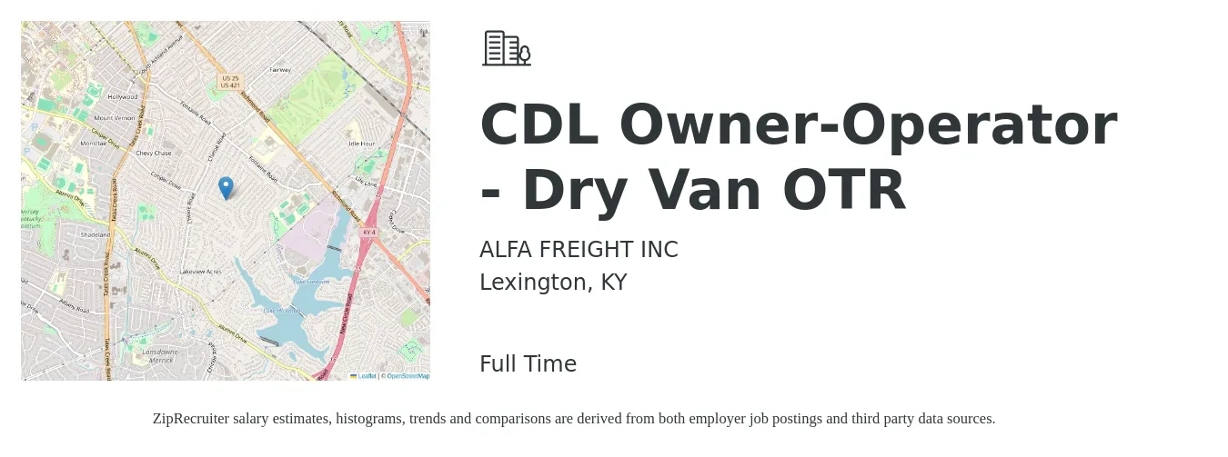 ALFA FREIGHT INC job posting for a CDL Owner-Operator - Dry Van OTR in Lexington, KY with a salary of $9,000 to $14,000 Weekly with a map of Lexington location.