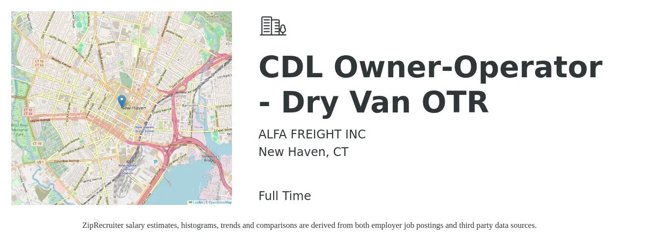 ALFA FREIGHT INC job posting for a CDL Owner-Operator - Dry Van OTR in New Haven, CT with a salary of $9,000 to $14,000 Weekly with a map of New Haven location.