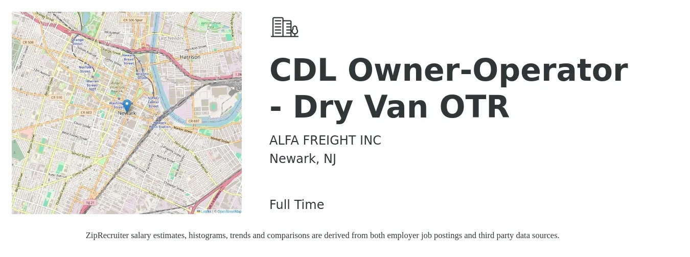 ALFA FREIGHT INC job posting for a CDL Owner-Operator - Dry Van OTR in Newark, NJ with a salary of $9,000 to $14,000 Weekly with a map of Newark location.