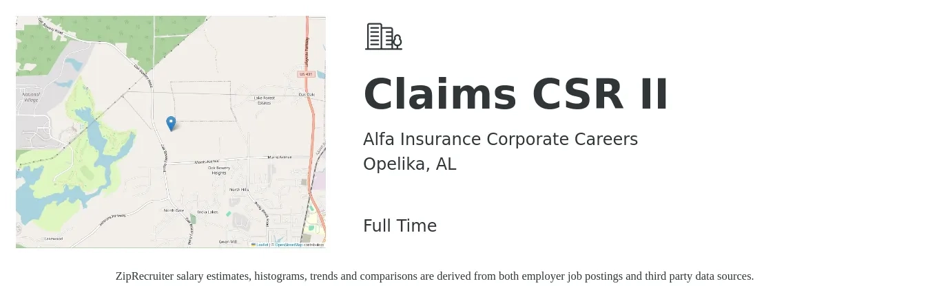 Alfa Insurance Corporate Careers job posting for a Claims CSR II in Opelika, AL with a salary of $15 to $20 Hourly with a map of Opelika location.