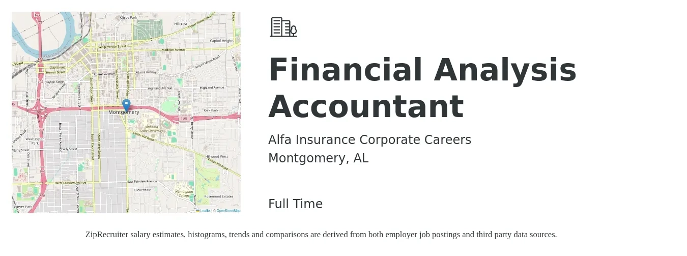 Alfa Insurance Corporate Careers job posting for a Financial Analysis Accountant in Montgomery, AL with a salary of $47,000 to $64,900 Yearly with a map of Montgomery location.