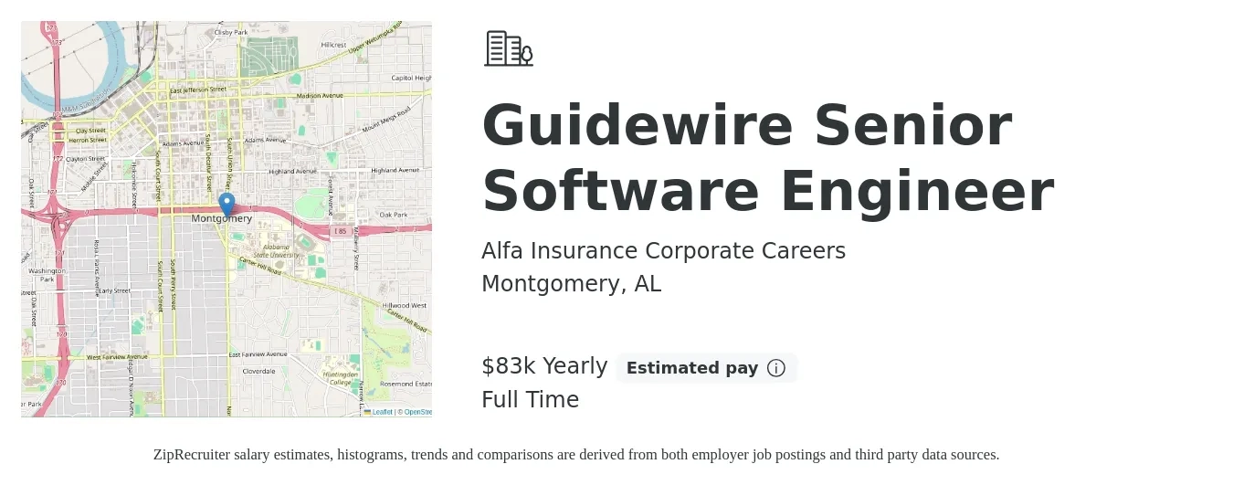 Alfa Insurance Corporate Careers job posting for a Guidewire Senior Software Engineer in Montgomery, AL with a salary of $83,500 Yearly with a map of Montgomery location.