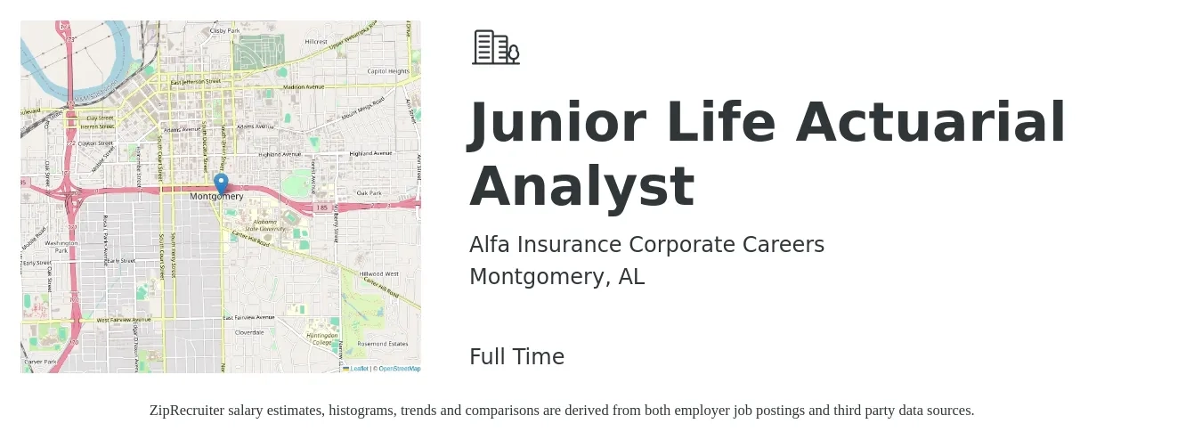 Alfa Insurance Corporate Careers job posting for a Junior Life Actuarial Analyst in Montgomery, AL with a salary of $59,500 to $91,100 Yearly with a map of Montgomery location.