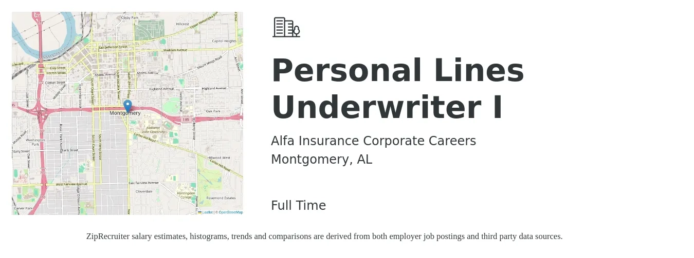 Alfa Insurance Corporate Careers job posting for a Personal Lines Underwriter I in Montgomery, AL with a salary of $40,400 to $56,200 Yearly with a map of Montgomery location.