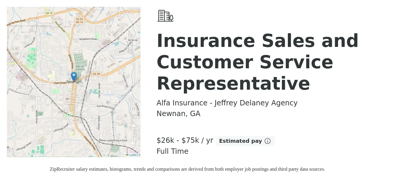 Alfa Insurance - Jeffrey Delaney Agency job posting for a Insurance Sales and Customer Service Representative in Newnan, GA with a salary of $26,000 to $75,000 Yearly with a map of Newnan location.