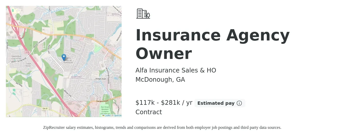 Alfa Insurance Sales & HO job posting for a Insurance Agency Owner in McDonough, GA with a salary of $117,200 to $281,139 Yearly with a map of McDonough location.