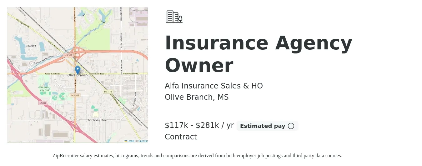 Alfa Insurance Sales & HO job posting for a Insurance Agency Owner in Olive Branch, MS with a salary of $117,200 to $281,139 Yearly with a map of Olive Branch location.